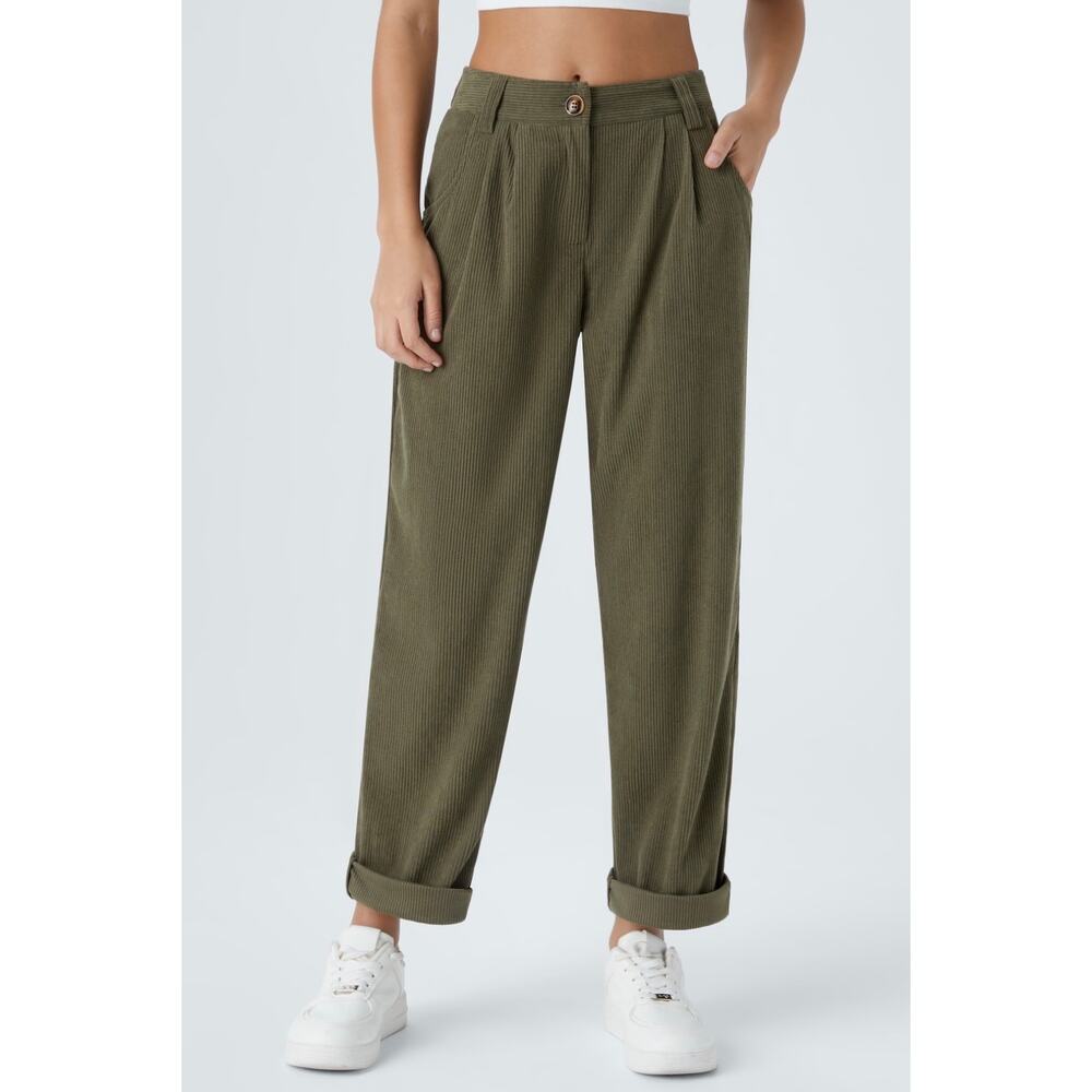 NWT Halara Green Mid Rise Zipper Pocket Corduroy Smart Casual Women Pants-Size L